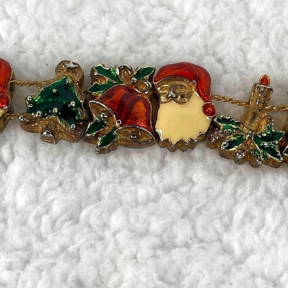 Vintage Christmas Slide Charm 7" Bracelet Gold Tone Enamel Santa Bells Tree Gift